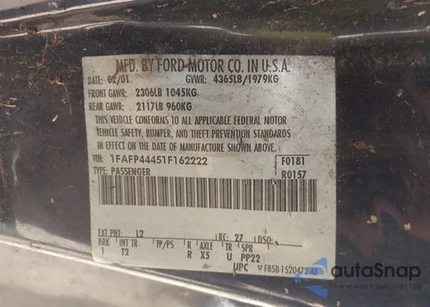 2001 Ford Mustang из США, поврежденный, VIN 1FAFP44451F162222